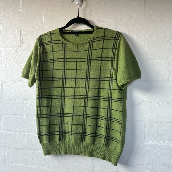 Burberry Sweater sz Medium Green Checks lime and khaki Short sleeve Pure Wool - Picture 2 of 7
